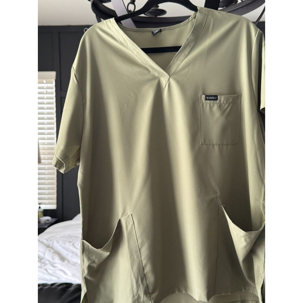 VIAOLI Olive Green V-Neck Scrub Top Short Sleeve Medical Uniform Workwear XXL